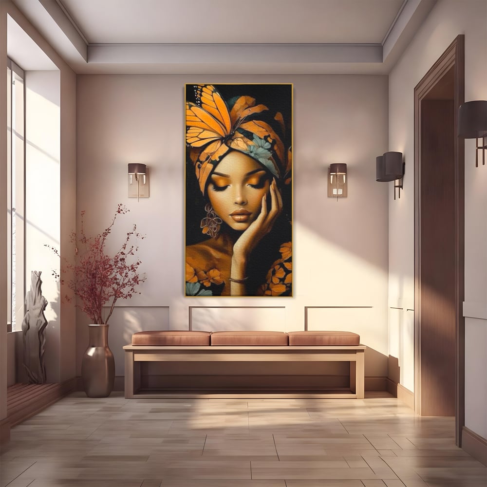 Tablou canvas cu tablou canvas cu portret de femeie, in rama de aluminiu auriu